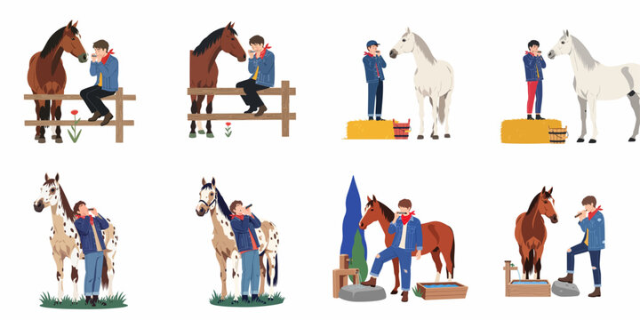 Set of illustrations depicting a young man in denim playing harmonica for a horse in various rural farm and countryside settings.
