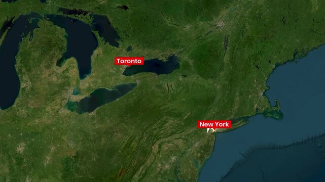 animated airplane flight path from New York to Toronto city footage