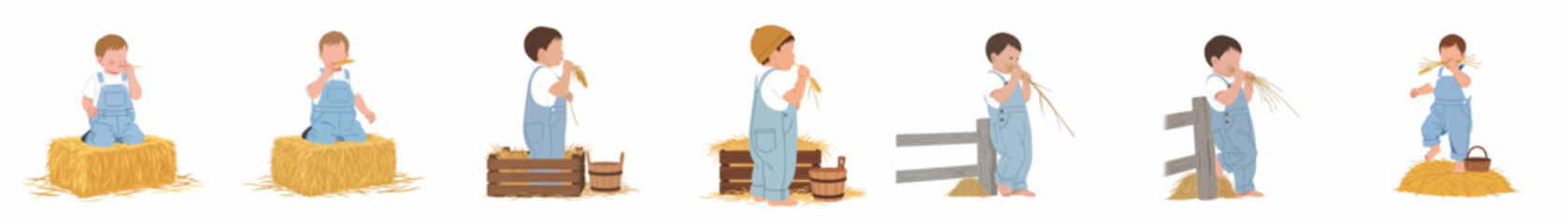 Set of flat vector illustrations of a toddler boy in denim overalls playing with hay and wheat in various farm scenes, isolated on white. © Sugih