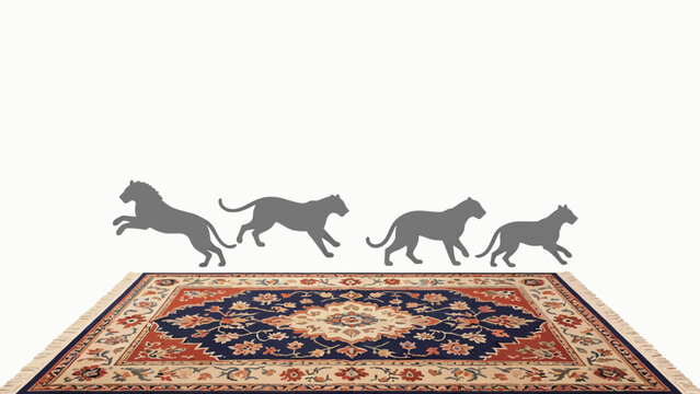 Surreal minimalist motion study: four big cat running sequence silhouettes hovering above an ornate traditional oriental rug on plain off-white background