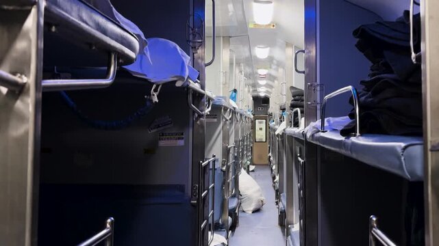 empty railway 3ac compartment with bunk beds and blue lighting