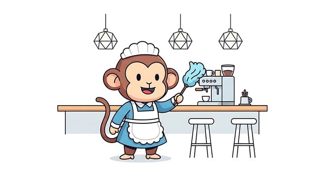 A cartoon monkey, dressed as a maid, cheerfully dusts a coffee machine behind a counter. Two stools and hanging lights are also shown