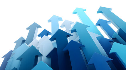 Fototapeta premium Dramatic low-angle view of numerous 3D upward-pointing blue arrows, symbolizing soaring growth, ambitious goals, and maximized potential, isolated on transparent background.