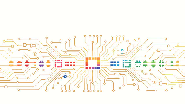 Elegant Horizontal Circuit Board Illustration with Rainbow Gradient Colored Components, Glossy Gold Traces, Clean Off-White Minimalist Tech Background