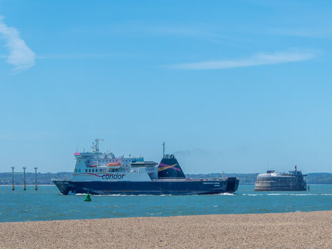 Portsmouth England - April 24 2026: Condor Commodore Clipper ferry in The Solent with Spitbank Fort in the background