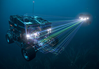 Futuristic autonomous underwater vehicle exploring deep ocean depths with glowing data streams, isolated on transparent background for advanced marine technology.