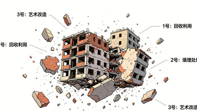 Minimalist Ink Line Art Exploded Diagram Infographic of Demolished Multi-Storey Residential Building, Labeling Three Disposal Outcomes for Sorted Construction Demolition Debris