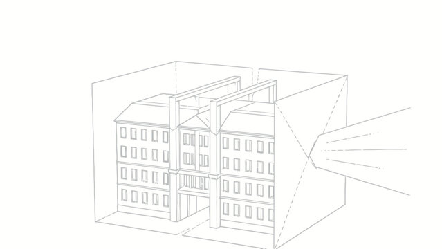 Technical line art diagram of a symmetrical four-story institutional building, split axially to demonstrate linear perspective projection and view frustum