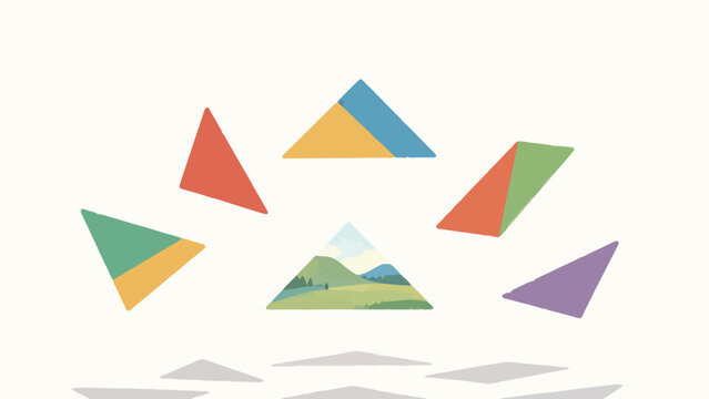 Whimsical Illustration of Tangram Triangle Puzzle Pieces Arranged in a Circle, One Piece Revealing a Sunny Pastoral Hills Landscape, Soft Colored Pencil Style on Plain White Background