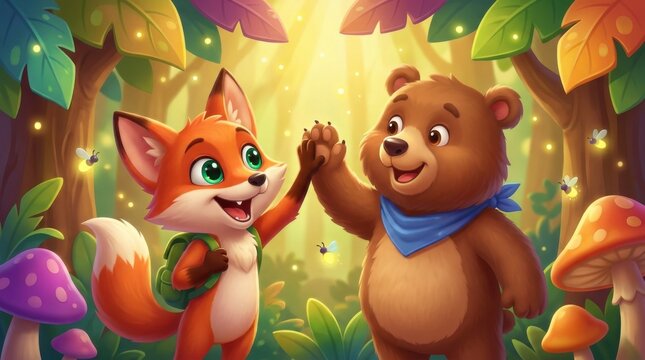 Cute cartoon fox and friendly bear giving a high five in a sunny, magical forest setting celebrating friendship