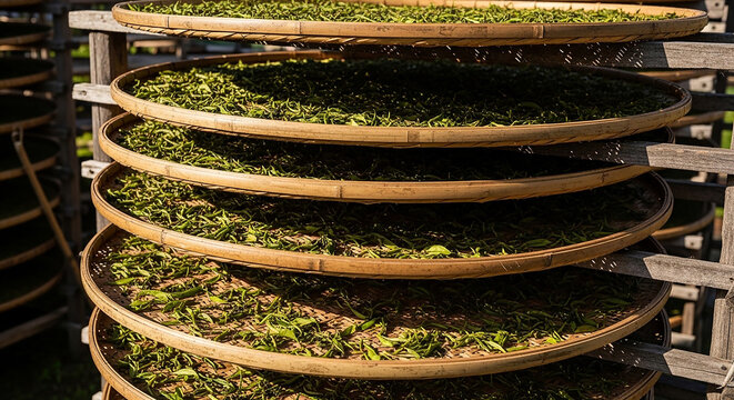 Fresh Green Tea Leaves Drying on Bamboo Trays in Factory