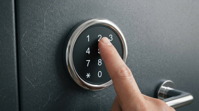 Electronic safe lock with finger pressing keypad, secure digital combination code on metal vault, person unlocking security box with numeric pin