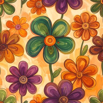 Vibrant floral pattern with colorful flowers on orange background ai generative
