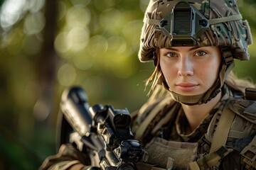Obraz premium Sentinel of Strength: A Woman Warrior Wielding Rifle