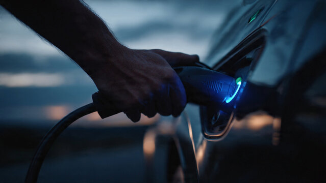 Close-Up of Hand Connecting EV Charger to Modern Electric Car, Green Technology and Future of Sustainable Automotive Industry, Blue Hour, AI Generated