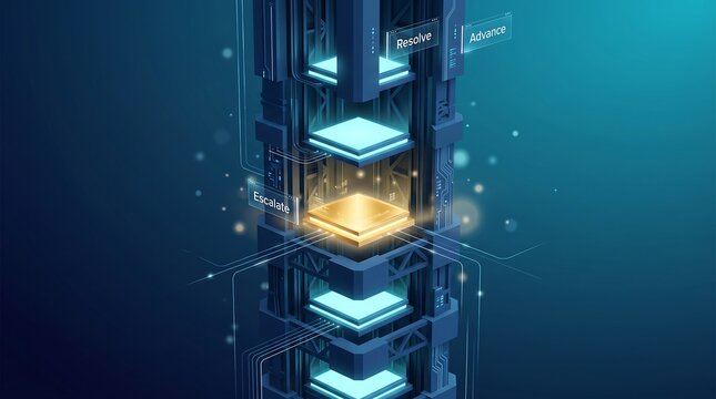 Server architecture illuminated with glowing golden and blue light represents a high capacity data storage unit capable of processing complex information streams within a multi-tiered vertical.