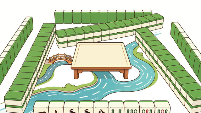 Whimsical Cartoon Illustration of a Creative Mahjong Layout, Winding River With Small Arch Bridge Around Central Empty Table, Stacked Green-Back Tile Walls, Player Mahjong Hand Along the Bottom