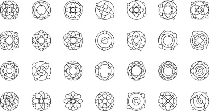 Abstract circular geometric pattern icon set with radial symmetry, mandala shapes and decorative modern outline vector collection