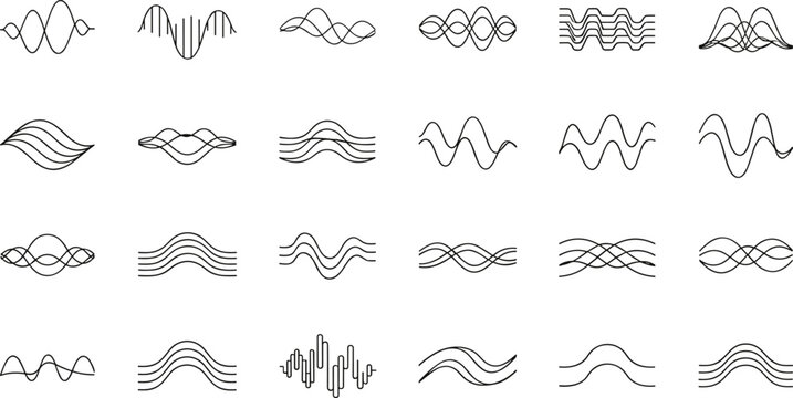 Abstract wave line icon set with sound signals, frequency curves, audio visualization and dynamic motion outline vector collection