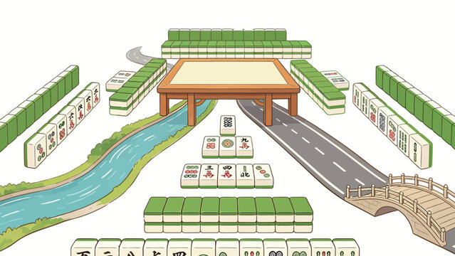 Whimsical Conceptual Illustration Merging Traditional Mahjong Game Setup With Landscape Elements, River, Roads, Stone Bridge, Table Acting As Bridge, Mahjong Tiles Forming Central Path