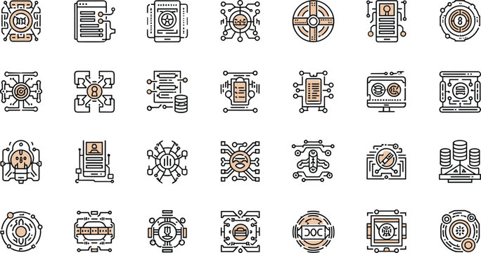 Blockchain and cryptocurrency technology icon set with digital coins, network nodes, mining systems and decentralized finance outline vector collection