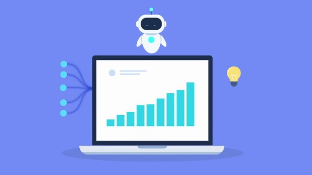 Animated laptop displaying rising data chart connected to cloud system with light bulb icon, representing innovation, creative ideas, analytics, and digital workflow.
