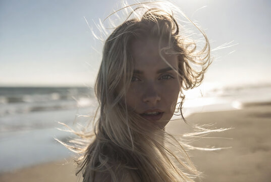 A woman with blonde hair and a wistful expression stands on a beach, windblown and looking out at the ocean.
