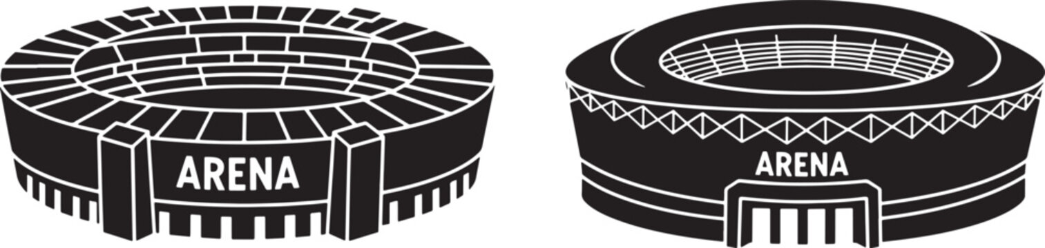 Black and white of two ancient-style arenas with architectural details