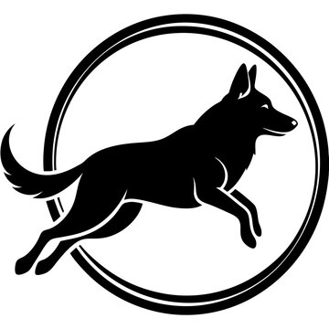 Black silhouette dog running in circular frame