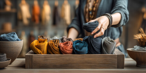 Obraz premium Close up hands touching recycled fabric samples in designer studio representing sustainable textile innovation and eco friendly fashion development concept