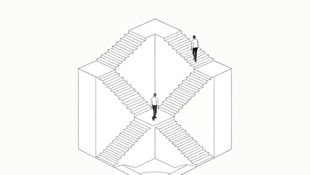 Surreal Isometric Penrose Impossible Stairs Illustration, Minimalist Monochrome Line Art, Two Men Walking on Endless Looping Paradox Staircase Against Plain White Background