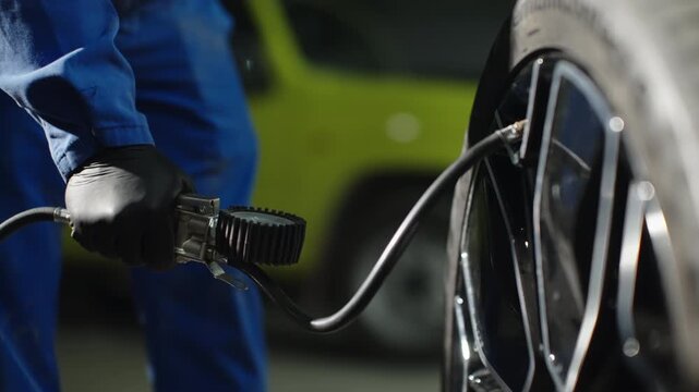 Close-up of a mechanic inflating a car tire with a pressure gauge and air hose, checking wheel pressure during automotive maintenance in a garage, wearing gloves and coveralls