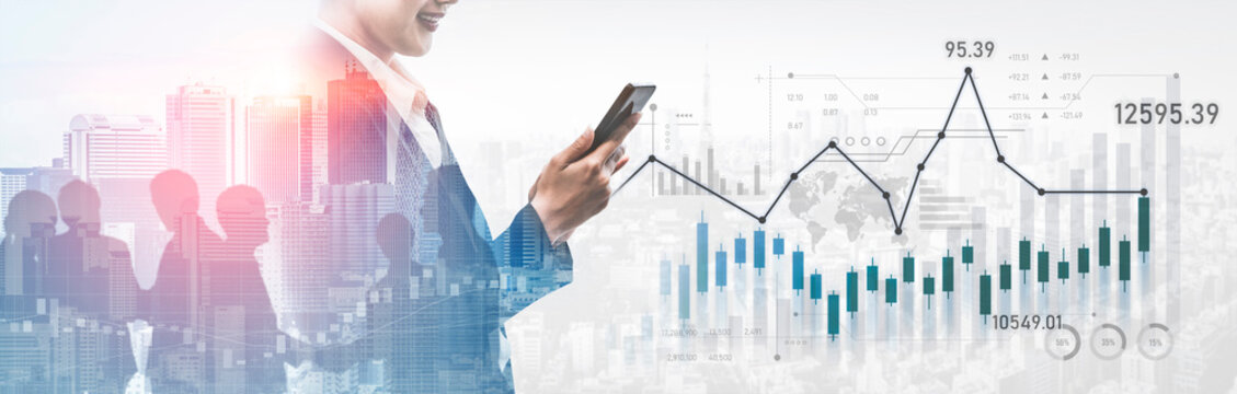 A businessman in a suit uses a smartphone against a background of financial graphs and a city skyline, illustrating modern business strategies and market analysis. Scalp