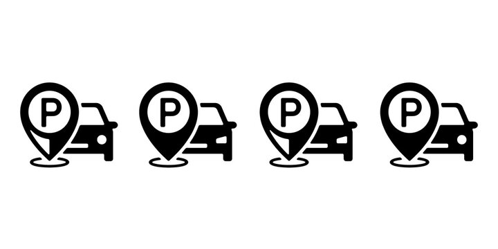Car parking location map pin icon set. Vehicle silhouette and P symbol. Navigation sign for traffic sign, navigation, app, web, location maps and facility information boards. Vector illustration.