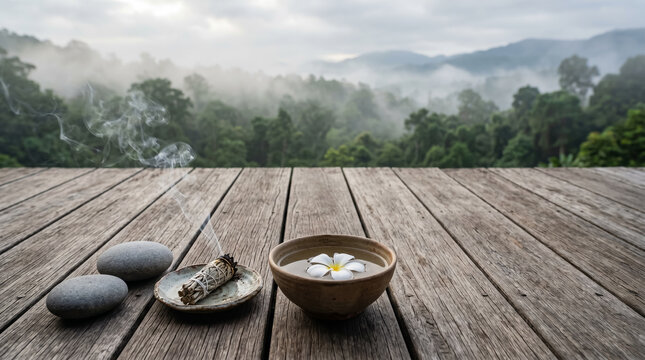 Conceptual still-life of a meditation corner with burning sage, river stones, and a floating frangipani flower on a teak deck. Represents mindfulness, holistic healing, and inner peace. AI generated.