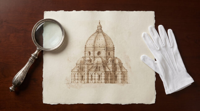 Conceptual flatlay of an antique architectural sketch, archivist gloves, and a silver magnifier. Metaphor for fine art investment, wealth archiving, and family offices. AI generated.