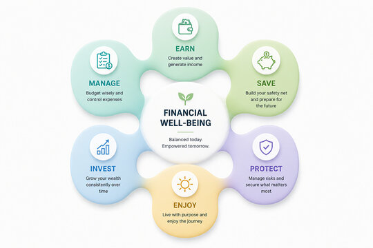 It&rsquo;s a graphic promoting financial wellness with icons representing earning, saving, investing, protecting, and enjoying life through responsible money management.