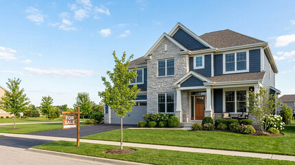 Obraz premium Modern luxury residential architecture features a new brick house with a spacious yard and garden in a quiet suburban neighborhood under a clear sky