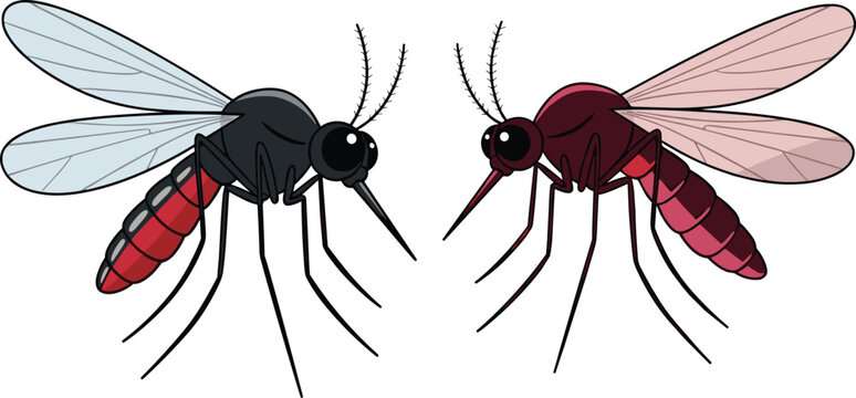Illustration of Cartoon Mosquitoes with Red Bodies and Transparent Wings for Insect, Vector Art, and Health Warning Designs