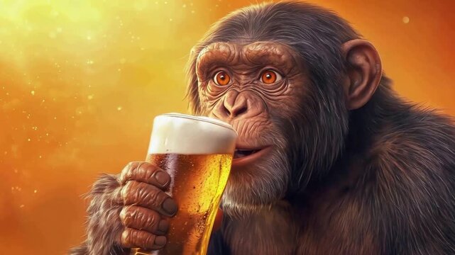 Chimpanzee winking and drinking glass of beer. Anthropomorphic ape enjoying cold beverage against warm glowing background. Panning camera movement.