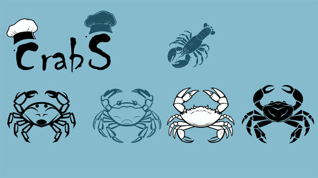 Vector illustration from a set of sea crabs and a crayfish on a blue background