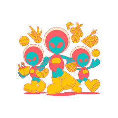 Fototapeta premium Colorful group of retro-styled aliens carrying glowing objects, a whimsical digital illustration with a clean white background.