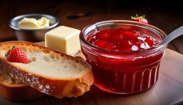a close up of rich strawberry jam and a dollop of soft butter ready to enhance fresh bread or toast