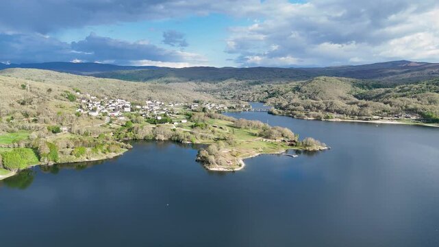 Aerial view of prada reservoir and a veiga village in spain