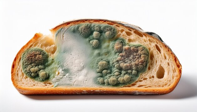 slice of bread covered with green black and white mold colonies isolated on white background
