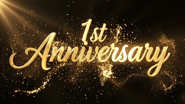 Elegant Golden 1st Anniversary Celebration with 3D script text on black background for corporate milestones and wedding videos.