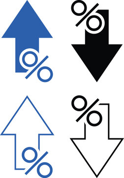 Percentage rate arrow icon set. Percent arrow up and down symbol. Price increase and decrease vector illustration. Profit sign. Up and down arrows with percentage pictogram. Financial growth concept.
