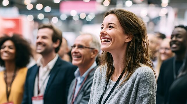 Diverse group of business people, including a smiling woman in the foreground, attending a professional conference or event, actively engaging and finding amusement in the presentation