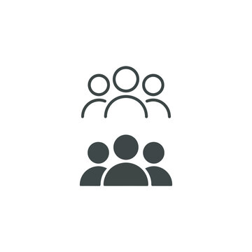 Simple line and solid icon set of three people standing together in a group