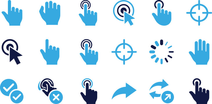 Collection of hand and cursor icons representing touch gestures user interface elements and digital interaction.